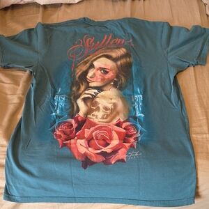 Sullen Teal Graphic T-Shirt with Skull and Roses